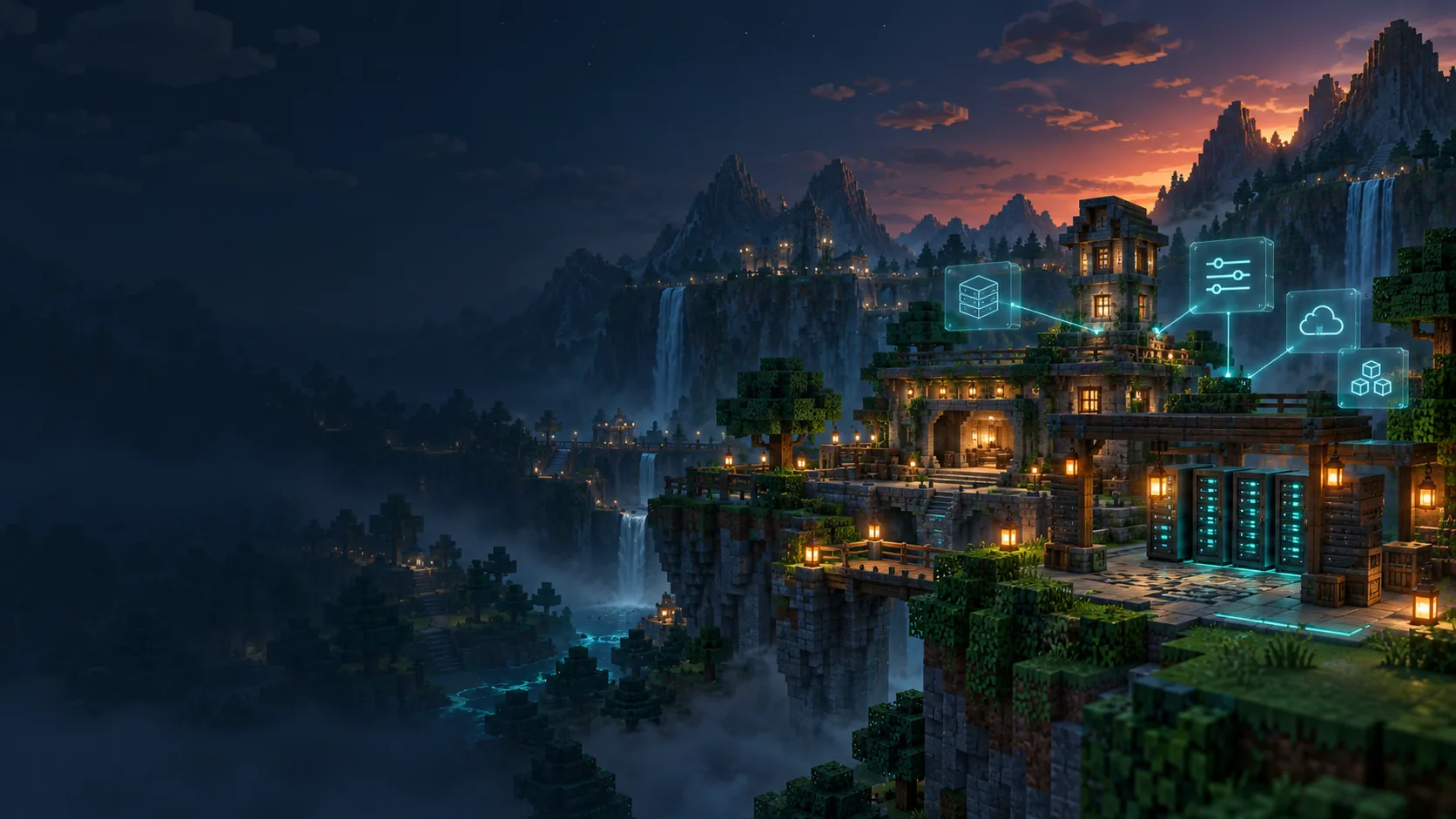Voxel survival base connected to organized server hardware