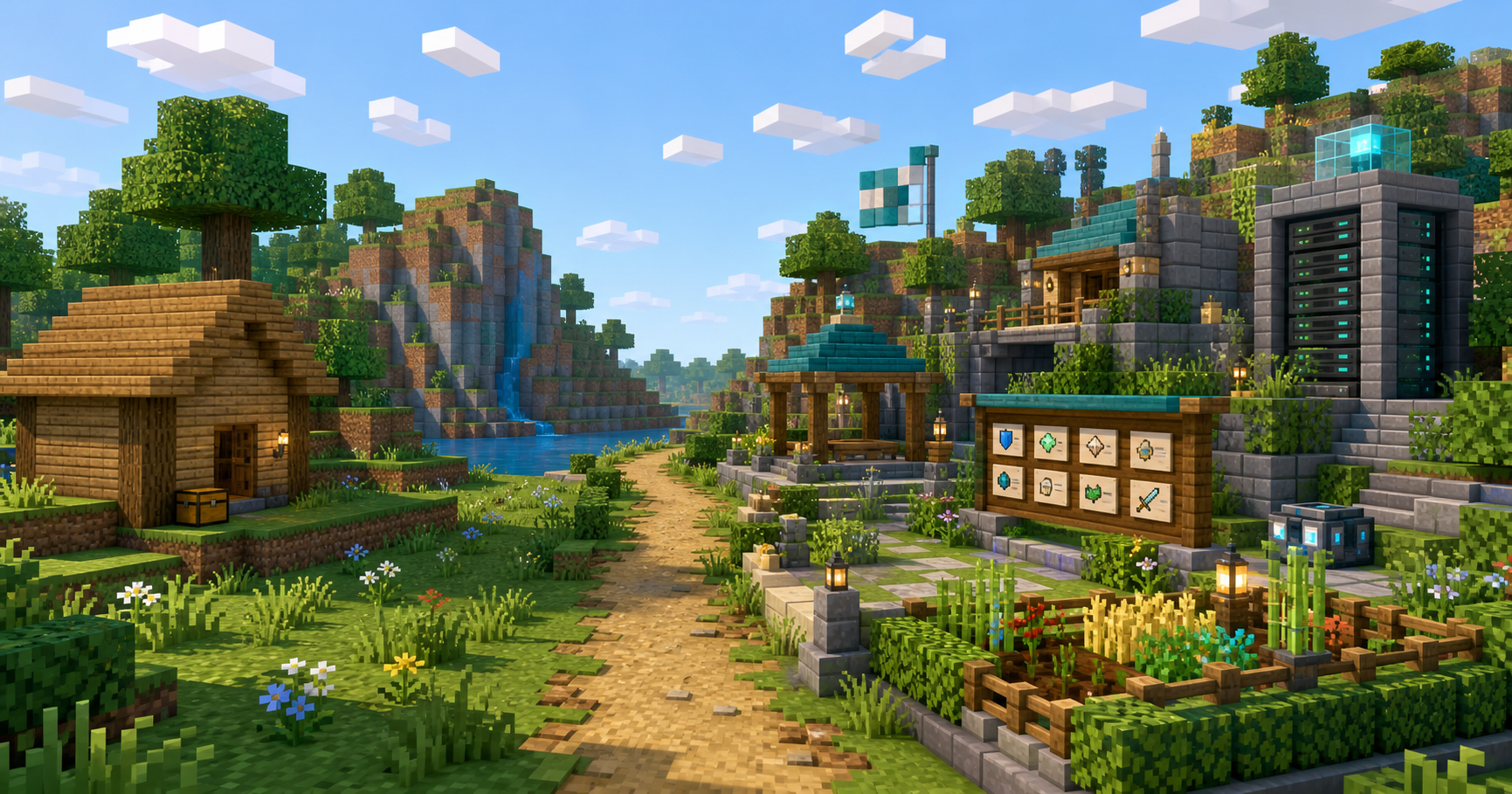 Simple voxel survival world beside an organized plugin-enabled community server